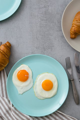 flat lay breakfast on gray table