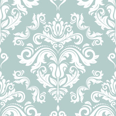 Fototapeta na wymiar Classic seamless vector pattern. Damask orient ornament. Classic vintage light blue and white background. Orient ornament for fabric, wallpaper and packaging