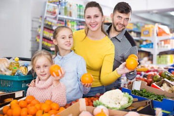 Fototapeta premium Young family of four shopping together in the greengrocery store choosing an oranges