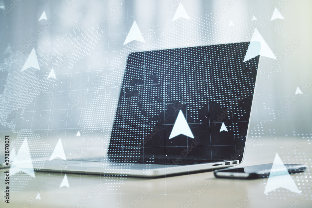 Poster creative abstract geolocations map sketch on modern laptop background, gps tracking and navigation c