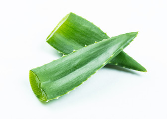 aloe vera  two fresh leaves  laying on white background