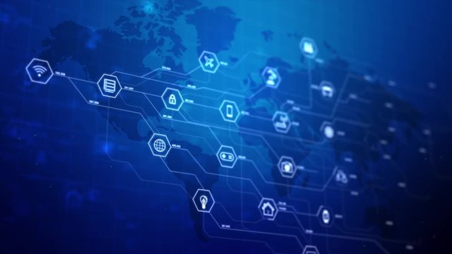 Internet of things icons in a hexagon shape with connection line, for cyber futuristic network and innovation conception the dark background, shallow depth of field effect with dark and grain processe