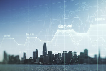 Multi exposure of creative statistics data hologram on San Francisco skyscrapers background, stats and analytics concept