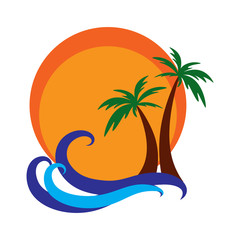 Fototapeta na wymiar Tropical island logo, travel and tourism concept, space for text, flat design, vector illustration.