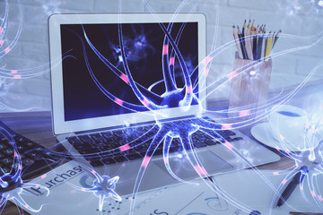 Desktop computer background and neuron drawing. Double exposure. Education concept.