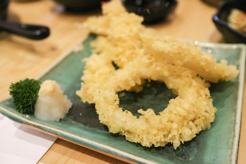Squid tempura deep fried on ceramic plate