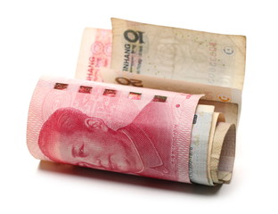 Various yuan bills, Chinese money pile isolated on white background