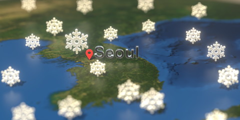 Snowy weather icons near Seoul city on the map, weather forecast related 3D rendering