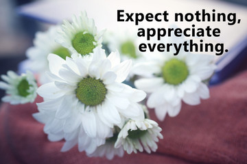 Inspirational words - Expect nothing, appreciate everything. Happiness quote concept with white daisies flower background.
