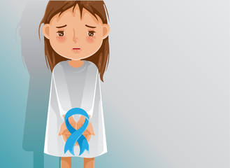 Little girl holding a blue ribbon. sad girl. The child cried and was attacked and bullied. Stop family violence. Human trafficking concept. Children's health problems. Child abuse problems.