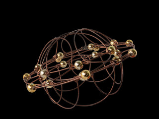 A Hand-Made Puzzle Made of Wire and Balls. It Is Shaped Like an Ellipsoid with A Central Circular Belt. On Black Background