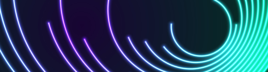 Bright cyan and violet neon circular lines abstract tech banner design. Futuristic glowing vector background