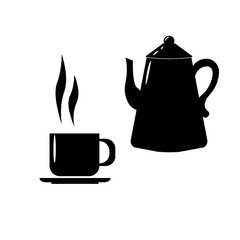 Teapot and cup. Black and white vector on a white background. Dishes for tea and coffee. For logos, icons, menus and brochures.