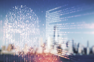 Double exposure of abstract virtual creative code skull hologram on blurry cityscape background. Malware and cyber crime concept © Pixels Hunter