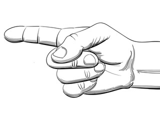 Black and white drawing. An image of a hand with an extended index finger.