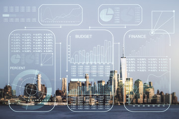 Multi exposure of abstract virtual graphic data spreadsheet sketch on Manhattan cityscape background, analytics and analysis concept