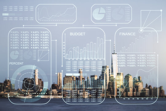 Multi exposure of abstract virtual graphic data spreadsheet sketch on Manhattan cityscape background, analytics and analysis concept