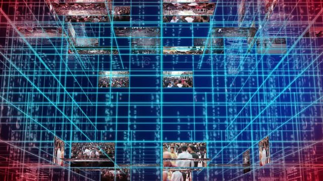 Matrix text digital data. Line together with digital numbers. Technology background. 3D rotating motion. Lights that follow the lines. Numbers flowing between lines. square and rectangles intertwined.