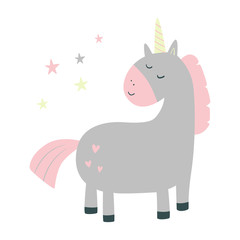 Cute unicorn. Cartoon style vector illustration with unicorn. Vector illustration in flat style. Great design element for sticker, patch or poster. 
