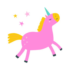 Cute unicorn. Cartoon style vector illustration with unicorn. Vector illustration in flat style. Great design element for sticker, patch or poster. 