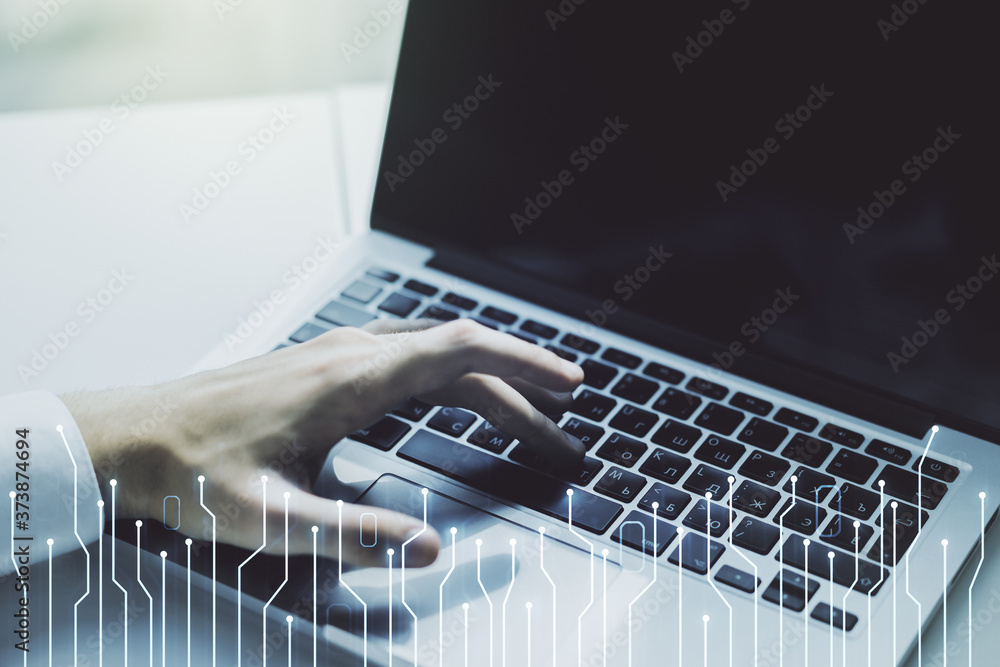 Poster creative abstract micro chip hologram and hands typing on computer keyboard on background, artificia