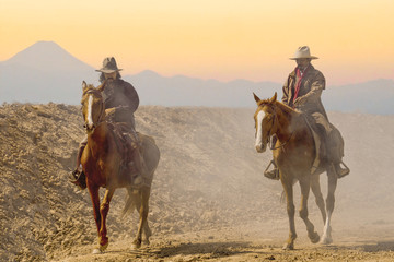 Fototapeta na wymiar cowboy riding horses in the desert