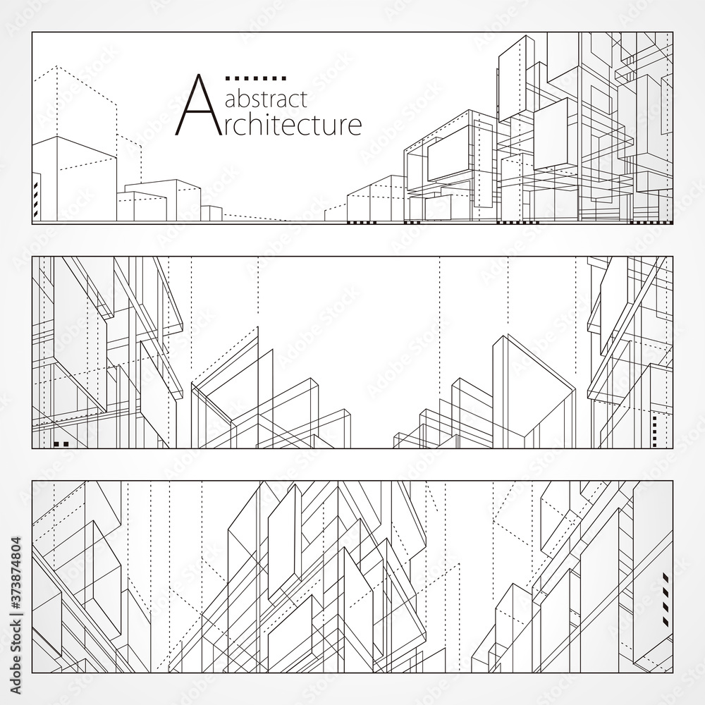 Aufkleber Architecture abstract modern building, Architecture building construction perspective line drawing design banner set.