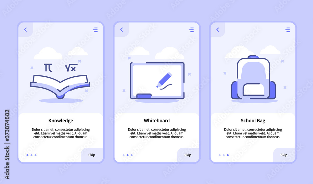 Poster knowledge whiteboard school bag onboarding screen for mobile apps template banner page ui with three