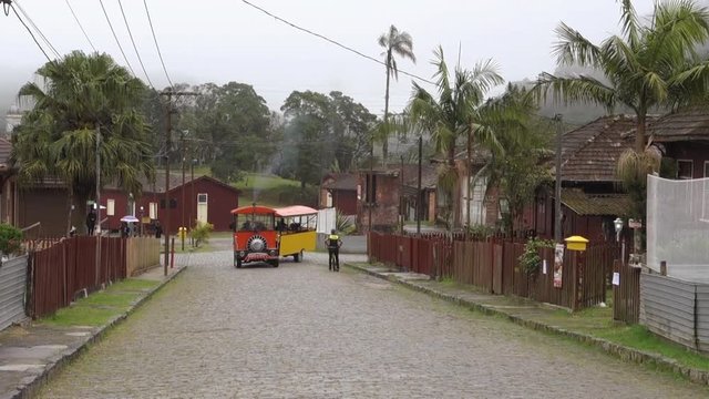 tram running through the old streets of Paranapiacaba village, Santo Andre, Brazil