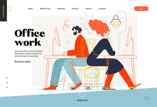 Business Topics - Office Work, Web Template. Flat Style Modern Outlined Vector Concept Illustration. Man And Woman Sitting And Working At The Office Desks With Desktop Computers. Business Metaphor.