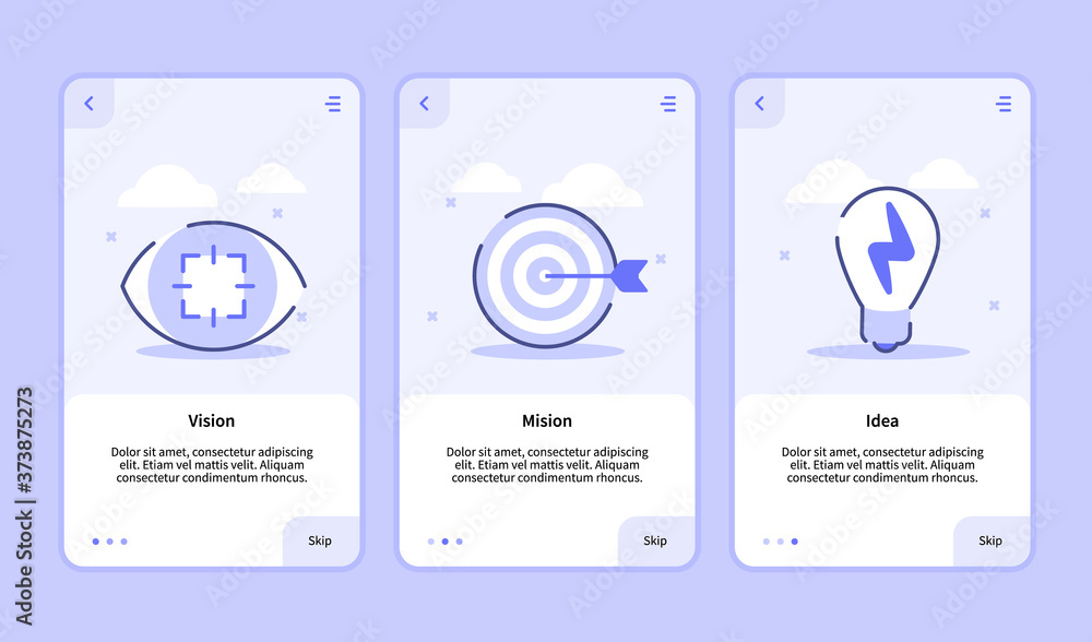 Poster vision mission idea for onboarding screen mobile apps template banner page ui with three variations 