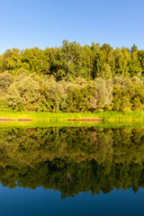 Siberian River Ob surrounded by Trees in Early morning in Russia in sunny weather during summer

