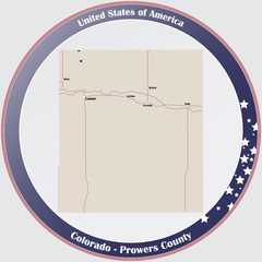 Round button with detailed map of Prowers County in Colorado, USA.