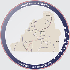 Round button with detailed map of San Juan County in Colorado, USA.