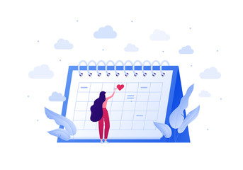 Falling in love, relationship and dating concept. Vector flat people illustration. Woman standing near schedule planning date. Heart shape love symbol. Design element for banner, web, app.