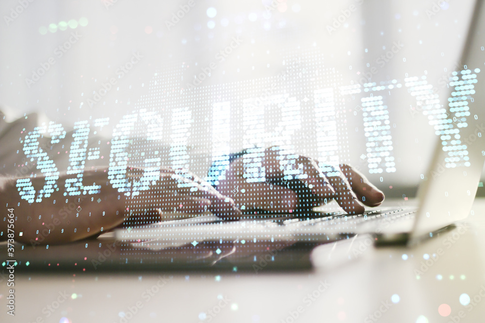 Aufkleber Cyber security creative concept with hands typing on computer keyboard on background. Double exposure