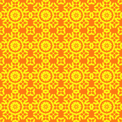 Oriental ornamental seamless pattern with symbolic yellow sun flowers decorative elements on orange background. Print for fabric wallpaper