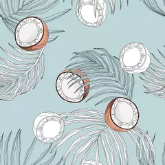 Stoff pro Meter Plant seamless pattern, hand drawn line art coconut and leaves on blue © momosama