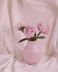Pink peonies in pink vase on a white fabric still life in light colours