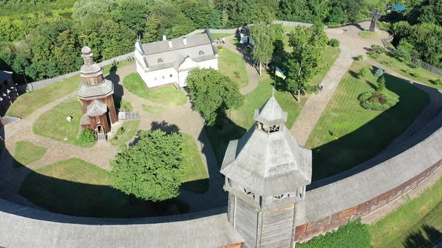 Aerial view of Baturyn castle with the Seim river in Chernigov region of Ukraine, Europe. Ancient wooden fortress. Wooden castle