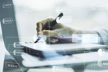 Abstract creative coding concept with world map and hand writing in notebook on background with laptop. Multiexposure