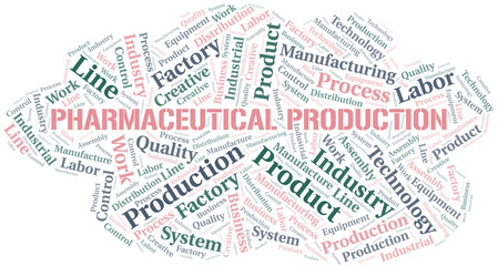 Pharmaceutical Production word cloud create with text only.