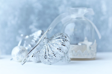 Christmas decoration. Bright wooden background. Close up.	