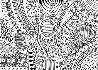 Boho doodle pattern for coloring book for adults. Coloring page with floral motifs. Psychedelic texture. Zentangle pattern. Vector illustration
