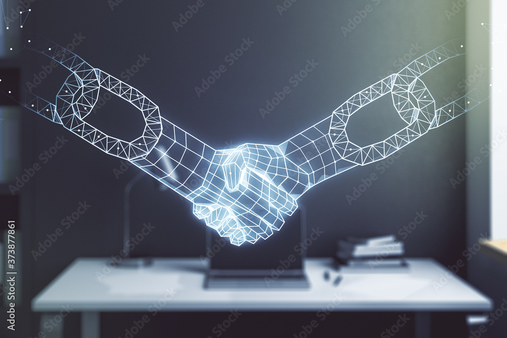 Poster double exposure of blockchain technology with handshake hologram and modern desktop with laptop on b