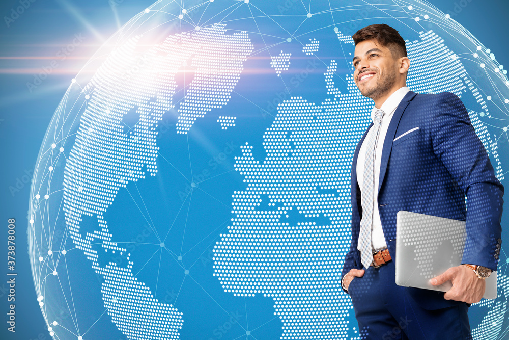 Poster global business technologies and blockchain. confident businessman over digital globe background, co