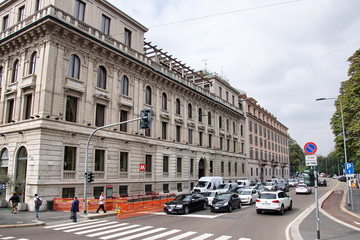 Classic European architecture and historical buildings on the city center streets of Milan in Lombardy region in Northern Italy