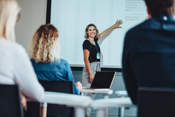 Businesswoman delivering an informative presentation