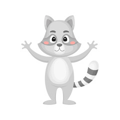 Cute funny raccoon print on white background. Woodland cartoon animal character for design of album, scrapbook, greeting card, invitation, wall decor. Flat colorful vector stock illustration.