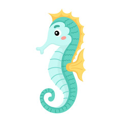 Fototapeta premium Cute funny seahorse print on white background. Ocean cartoon animal character for design of album, scrapbook, greeting card, invitation, wall decor. Flat colorful vector stock illustration.